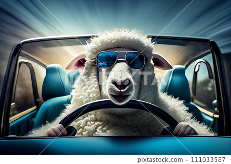 Portrait of a stylish driver sheep driving a car. AI generated 111033587