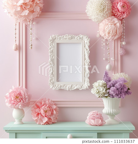 Blank white picture frame mock up hanging on pink wall Blank white picture frame mock up hanging on pink wall 111033637
