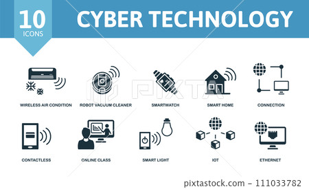 Cyber Technology icon set. Contains editable icons internet technology theme such as wireless air condition, smartwatch, connection and more. Cyber Technology icon set. Contains editable icons internet technology theme such as wireless air condition, smartwatch, connection and more. 111033782