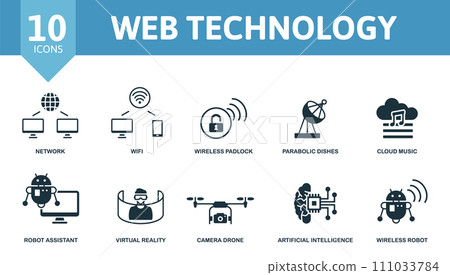 Web Technology icon set. Contains editable icons internet technology theme such as network, wireless padlock, cloud music and more. Web Technology icon set. Contains editable icons internet technology theme such as network, wireless padlock, cloud music and more. 111033784
