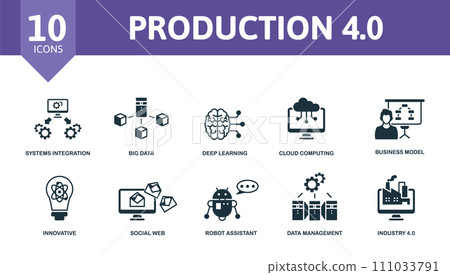 Production 4.0 icon set. Contains editable icons industry 4.0 theme such as systems integration, deep learning, business model and more. 111033791