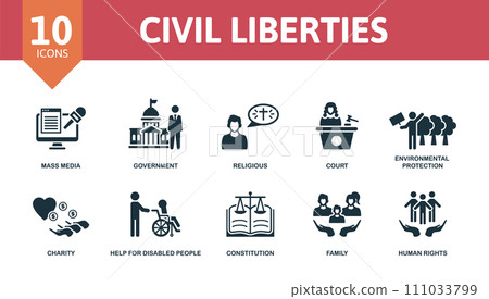 Civil Liberties set icon. Editable icons civil liberties theme such as mass media, religious, environmental protection and more. 111033799