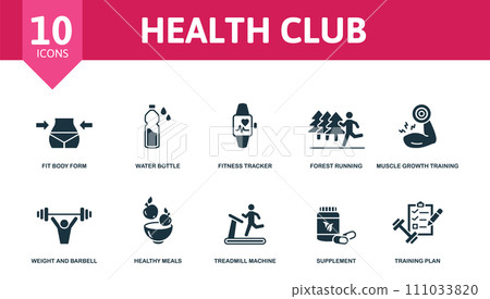 Health Club set icon. Editable icons health club theme such as fit body form, fitness tracker, muscle growth training and more. Health Club set icon. Editable icons health club theme such as fit body form, fitness tracker, muscle growth training and more. 111033820