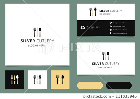 Silver cutlery logo design with editable slogan. Branding book and business card template. Silver cutlery logo design with editable slogan. Branding book and business card template. 111033940