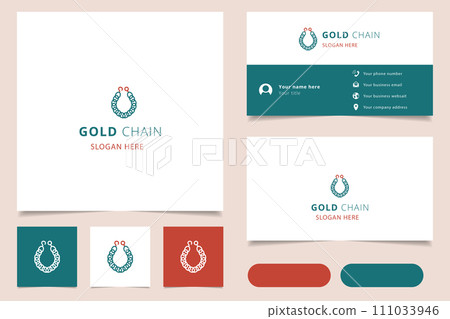 Gold chain logo design with editable slogan. Branding book and business card template. 111033946