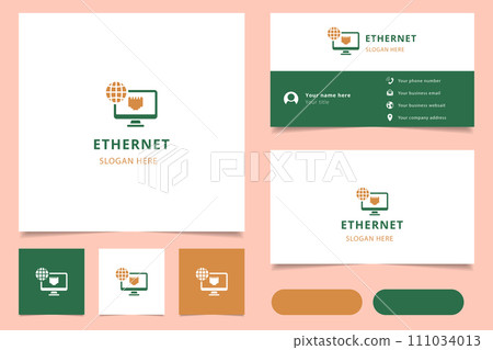 Ethernet logo design with editable slogan. Branding book and business card template. Ethernet logo design with editable slogan. Branding book and business card template. 111034013