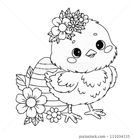 Cute little chick with Easter egg and flowers. Vector illustration. Line drawing, coloring book. Kids holiday collection. 111034135