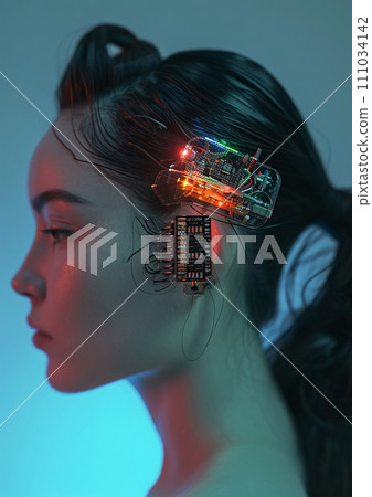 Illuminated Cyber Crystal Headphones on Beautiful Woman Head, AI Generated 111034142