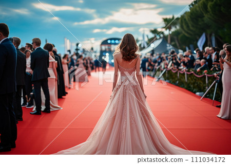 Elegance of Luxury Fashion Brand Dress on the Red Carpet, AI Generated Elegance of Luxury Fashion Brand Dress on the Red Carpet, AI Generated 111034172