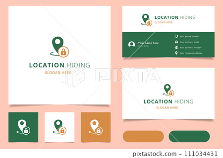 Location hiding logo design with editable slogan. Branding book and business card template. Location hiding logo design with editable slogan. Branding book and business card template. 111034431