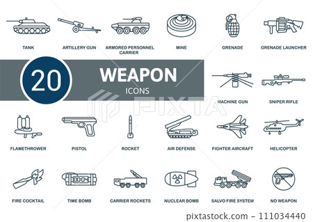 Weapon outline icons set. Creative icons: tank, artillery gun, armored personnel carrier, mine, grenade, grenade launcher, machine gun, sniper rifle, flamethrower, pistol, rocket, air defence, fighter Weapon outline icons set. Creative icons: tank, artillery gun, armored personnel carrier, mine, grenade, grenade launcher, machine gun, sniper rifle, flamethrower, pistol, rocket, air defence, fighter 111034440
