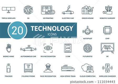 Technology outline icons set. Creative icons: triple displays, 5g, 3d printing, electric car, green house, robotic surgery, autopilot, chip, bionic hand and more 111034443