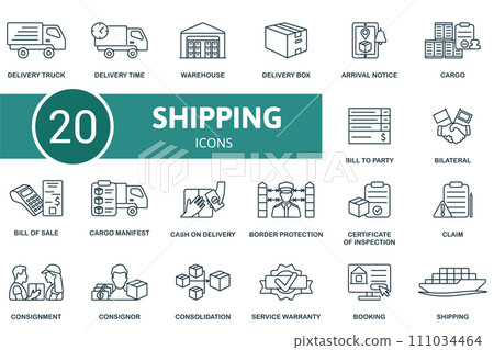 Shipping outline icons set. Creative icons: delivery truck, delivery time, warehouse, delivery box, arrival notice, cargo, bill to party, bilateral, bill of sale and more Shipping outline icons set. Creative icons: delivery truck, delivery time, warehouse, delivery box, arrival notice, cargo, bill to party, bilateral, bill of sale and more 111034464