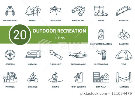 Outdoor recreation outline icons set. Creative icons: backpack bag, forest, mosquito, binoculars, boots, bow saw, camp water canteen and more 111034479