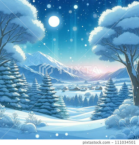 Beautiful landscape painting of snowflakes illuminated by moonlight Beautiful landscape painting of snowflakes illuminated by moonlight 111034501