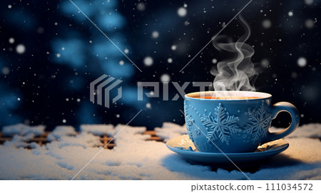 Coffee cup with snowflake mark White Christmas background AI image Coffee cup with snowflake mark White Christmas background AI image 111034572