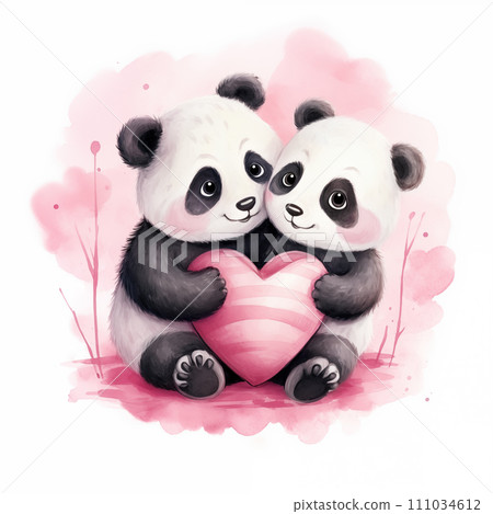 Couple of smiling panda bears with red heart. Cute little animals hug each other with love. Watercolor style imitation. Card with lovely illustration for Valentine's Day. 111034612
