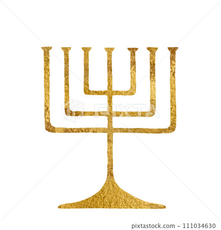 Watercolor golden menorah for Hanuka, religious illustration isolated on white 111034630