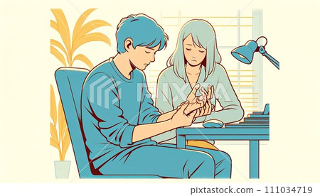 A man complains to his wife about stiffness in his hands. A man complains to his wife about stiffness in his hands. 111034719