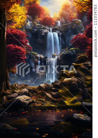 Autumn forest Fantastic forest and river landscape illustration AI image 111034763