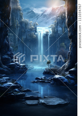 Winter forest Fantastic forest and river landscape illustration AI image 111034767