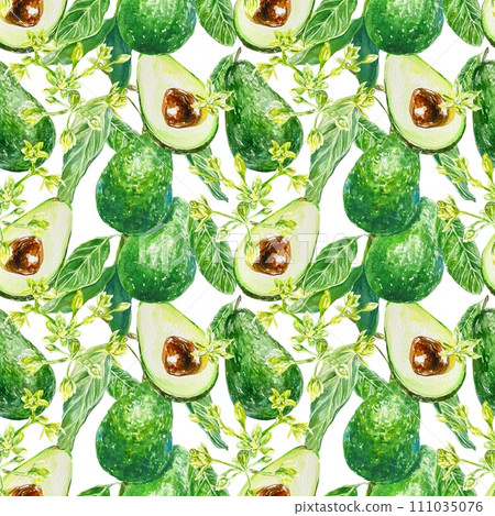 Avocado pattern watercolor. Fruit, slice, flowers. Illustration isolated on white background. Invitations, labels, cosmetics, packaging, textiles. Avocado pattern watercolor. Fruit, slice, flowers. Illustration isolated on white background. Invitations, labels, cosmetics, packaging, textiles. 111035076