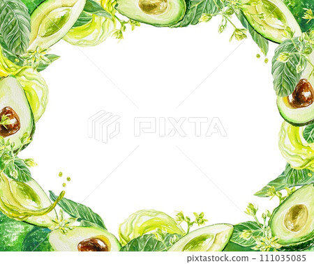 Avocado frame. Half of the fruit, seed, leaves. Watercolor illustration isolated on white background. Cards, invitations, food labels, cosmetics. 111035085