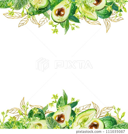 Avocado frame with top filling. Fruit, seed, leaves. Watercolor illustration isolated on white background. Cards, invitations, labels, web banners. 111035087