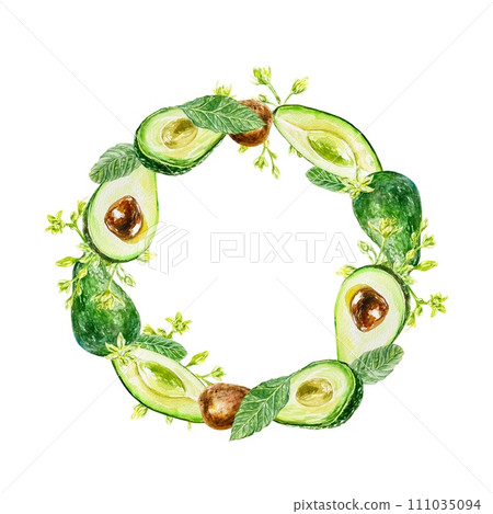 Avocado wreath. Pieces, leaves, flowers. Watercolor illustration isolated on white background. Cards, invitations, labels, cosmetics, packaging. 111035094