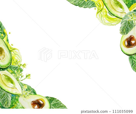 Avocado frame, with corners. Half of the fruit, seed, leaves. Watercolor illustration isolated on white background. Cards, invitations, banners. 111035099