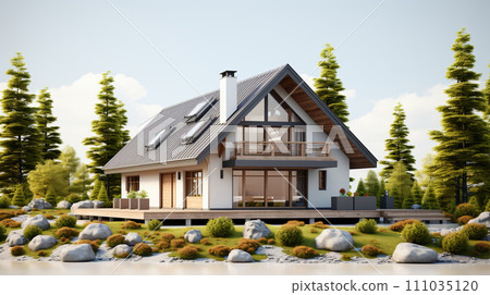 帶有花園 AI 圖像的簡單房屋的外部模型 111035120