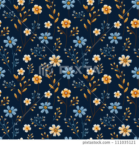 可愛的小花卉圖案刺繡無縫背景素材AI圖像 111035121