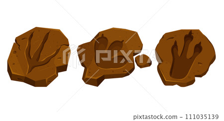 Set dinosaur fossil, paw print, reptile foot trail in cartoon style isolated on white background. Archaeological and paleontology finds. 111035139