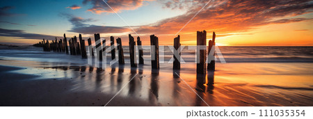 AI-generated content. A tranquil scene of a broken wooden jetty stretching out into the golden sea 111035354