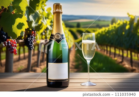 champagne bottle with glass in vineyard, 111035940