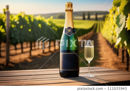 champagne bottle with glass in vineyard, champagne bottle with glass in vineyard, 111035943