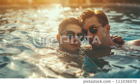 Gay couple relaxing in swimming pool. Gay couple relaxing in swimming pool. 111036070