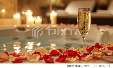 Romantic Jacuzzi with Rose Petals and Champagne Romantic Jacuzzi with Rose Petals and Champagne 111036083