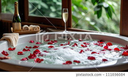 Romantic Jacuzzi with Rose Petals and Champagne Romantic Jacuzzi with Rose Petals and Champagne 111036084