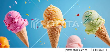 Flying Ice Cream Cones with Colorful Splashes Flying Ice Cream Cones with Colorful Splashes 111036091