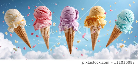 Flying Ice Cream Cones with Colorful Splashes 111036092