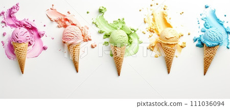 Flying Ice Cream Cones with Colorful Splashes 111036094