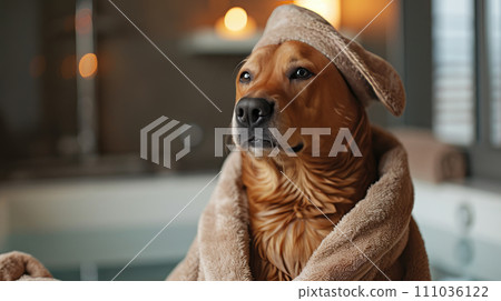 Pampered dog in Spa Bathrobe Pampered dog in Spa Bathrobe 111036122