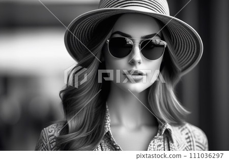 Outdoor close up portrait of beautiful young woman with long blonde hair, makeup, wearing pink cat eye sunglasses, 111036297