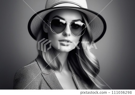 Outdoor close up portrait of beautiful young woman with long blonde hair, makeup, wearing pink cat eye sunglasses, 111036298