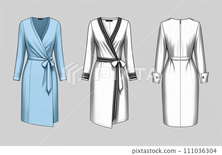 Technical flat fashion sketch - wrap dresses - woman clothes Technical flat fashion sketch - wrap dresses - woman clothes 111036304