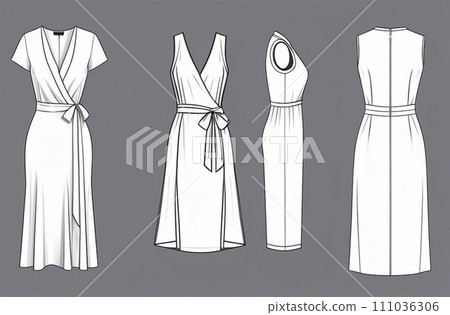Technical flat fashion sketch - wrap dresses - woman clothes Technical flat fashion sketch - wrap dresses - woman clothes 111036306