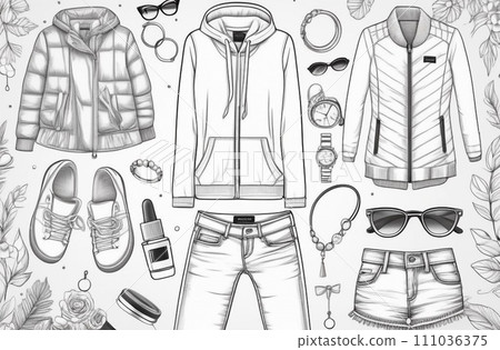 jeans, sweater, sneakers, belt, camera, umbrella, bag, phone, glasses, perfume, notepad, camera, nail polish.Hand-drawn black and white illustration jeans, sweater, sneakers, belt, camera, umbrella, bag, phone, glasses, perfume, notepad, camera, nail polish.Hand-drawn black and white illustration 111036375