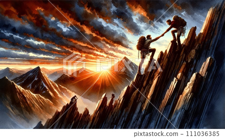 Generative AI The image is a watercolor of climbers reaching the summit during a vivid mountain sunrise. Generative AI The image is a watercolor of climbers reaching the summit during a vivid mountain sunrise. 111036385