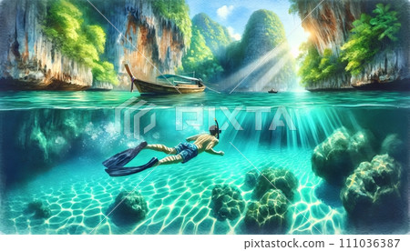 Generative AI The image is a watercolor painting of a person snorkeling in clear waters near a traditional boat and limestone cliffs. 111036387